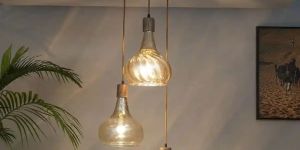 3 Light Amber Glass Round Hanging Pendant Light
