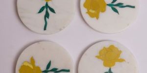Handmade Round Marble Coaster Set with Floral Inlay (Set OF 4)