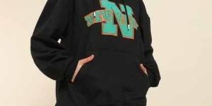 Black Poly Cotton Fleece Puff Printed Hoodie