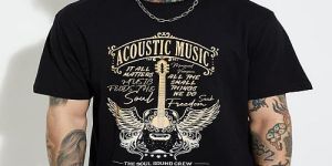 Mens Round Neck Black Cotton Printed T-Shirt