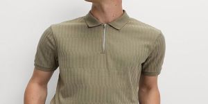 Mens Zip Polo Neck Olive Green Cotton T-Shirt