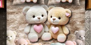 Plush Fur Dual Bear Heart Print Teddy Love Bedsheet
