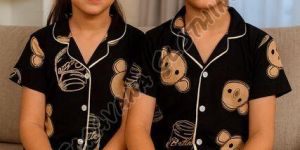 Unisex Black Teddy Bear Print Pajama Set