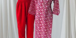 Red Printed Cotton Kurti Pant Set
