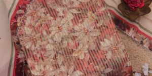 beige floral printed tissue top pure silk bottom organza dupatta set