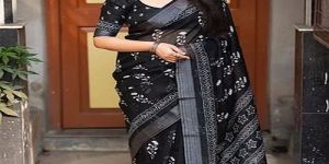 Black Floral Print Linen Saree
