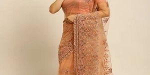 Festive Wear Peach Embroidered Net Saree
