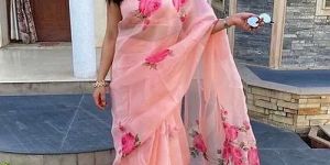 Pink Organza Floral Printed Saree