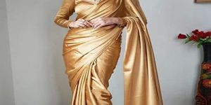 Plain Golden Satin Silk Saree