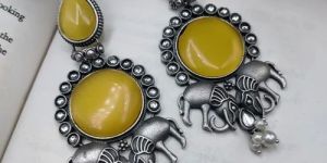 Silver Replica Elephant Monalisa Stone Dangler Earrings