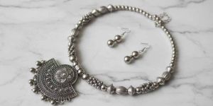 Silver Oxidized Metal Choker Necklace Set