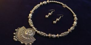 silver oxidized women choker necklace set