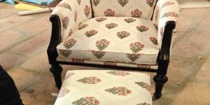 Hand Printed Upholstered Armchair with Ottoman