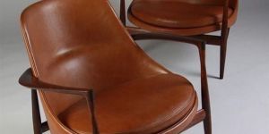 Walnut Wood and Tan Leather Lounge Chair