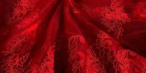 Red Embroidered Net Fabric
