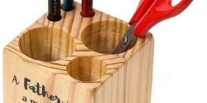 Sleek Pine Wood Rectangular Pen Stand