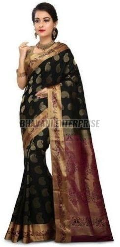 Traditional Black & Gold Kanchipuram Silk Saree with Paisley Motifs