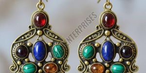 Brass Earrings with Colored Stones