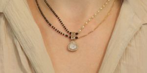 Two Layer Pearl & Black Bead Mangalsutra with Tear Drop Diamond Pendant