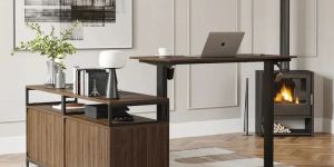 Benkky Height Adjustable L-Shaped Standing Desk with Cabinet
