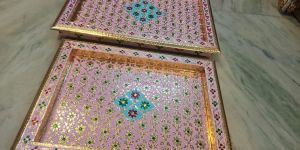 Pink Handcrafted Wooden Meenakari Serving Tray Set