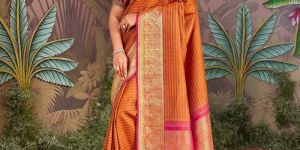 Rust and Green Handloom Silk Saree With Stripes