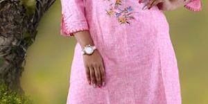 Pink Embroidery Work Cotton Kurti