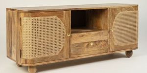 handcrafted solid wood cane door media unit