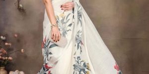 White Digital Print Cotton Linen Saree