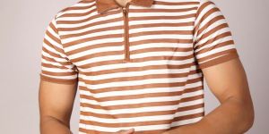 Striped Regular Fit Men Polo Collar T-Shirt with Zipper Placket