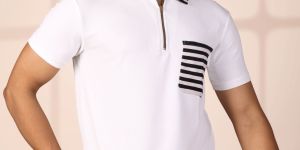 White Striped Regular Fit Men Polo Neck T-Shirt with Pocket