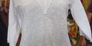 White Cotton V Neck Embroidered Short Kurti