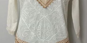 White Jute V Neck Embroidered Short Kurti