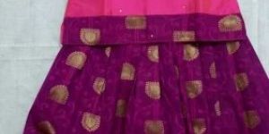 Kids Magenta Pink Cotton Pattu Pavadai Set