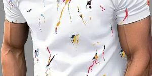 Mens White Abstract Print Zip Neck Cotton Polo T Shirt
