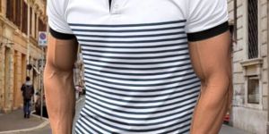 Mens White Striped Contrast Collar Polo Neck Cotton T Shirt