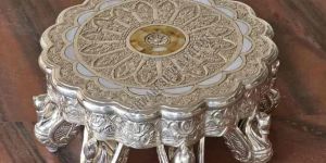 Silver Plated Handcrafted Wooden Round Pooja Chowki