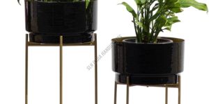 Indoor Metal Golden Planter Stand with Black Round Pot