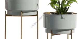 Indoor Metal Golden Planter Stand with Grey Round Pot