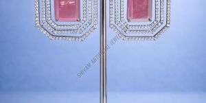 Silver Finish Pink Stone Octagon Drop Earrings