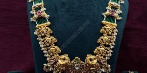 Temple Motif Kundan Pearl Haram Necklace Set