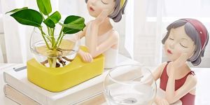 Cute Girl Figure Tabletop Planter with Glass Bowl