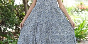 Ladies Blue Printed Flared Maxi Dress