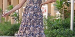 Ladies Indigo Floral Print Tiered Cotton Midi Dress