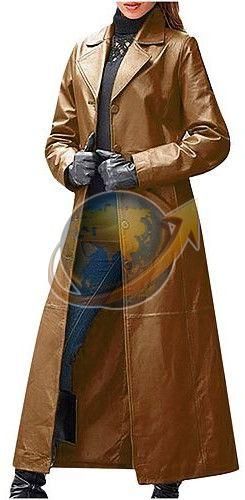Ladies Brown Leather Long Jacket