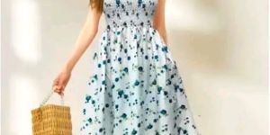 Blue Floral Printed Sleeveless A Line Midi Dress