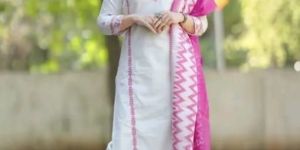 Classic White Pink Embroidered Cotton Suit Set