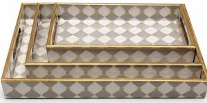 Grey White Geometric Pattern Rectangular Wooden Serving Tray Set