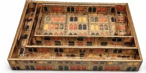 Rajasthani Jharokha Design Rectangular Wooden Serving Tray Set