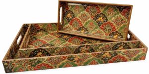 Turkish Pattern Rectangular Wooden Serving Tray Set
